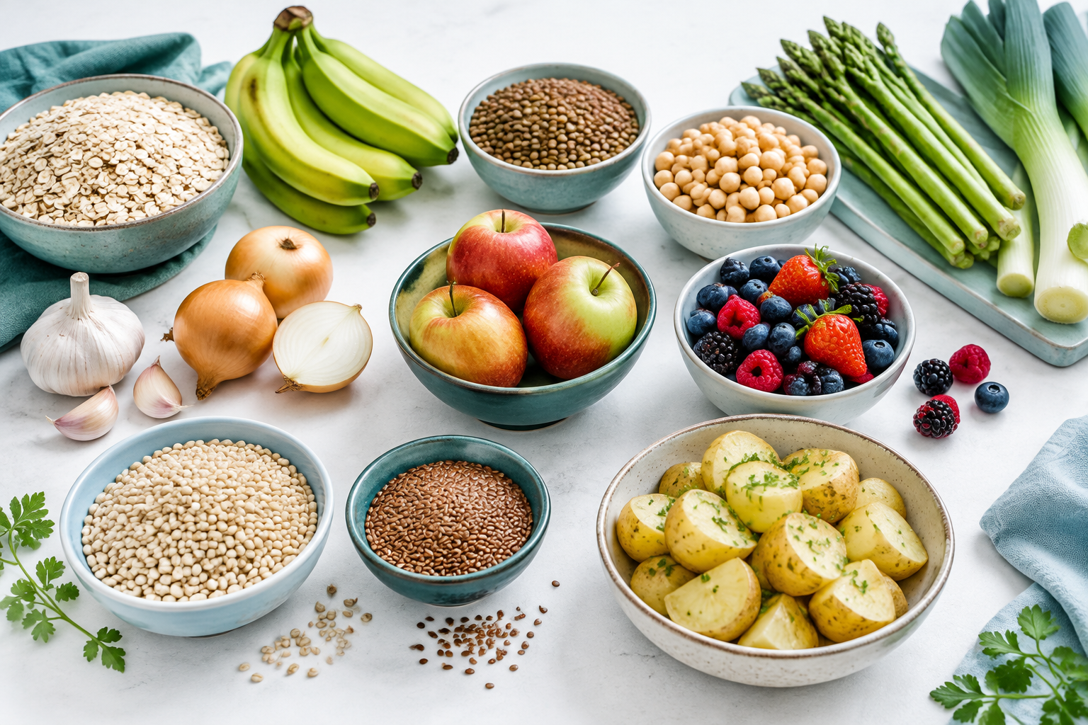 Prebiotic foods include oats, bananas, lentils, asparagus, and cooled potatoes